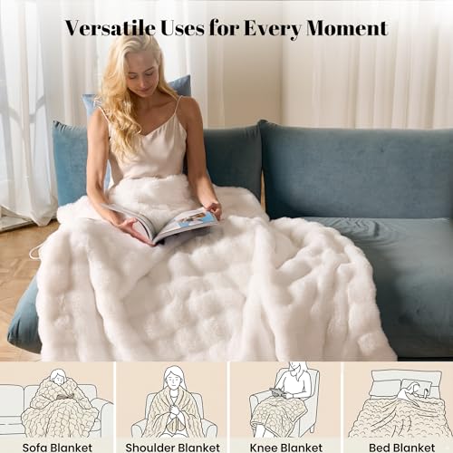 Image of IUUI Electric Heated Blanket Throw 50''x60'',Luxury Faux Rabbit Fur Heating Throw Blankets,Fast Heating with 1 /2 /4 /6 /8 /10 Hours,Overheat Protection, Quick Heating, Memory Function, Gift-Ready Design
