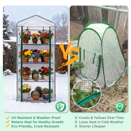 Image of EAGLE PEAK 4-Tier Mini Greenhouse Portable Green House with Shelves & Weather-Resistant PE Cover, Small Greenhouse for Seedlings & Gardening Gifts, 27x19x64 in, Clear /White