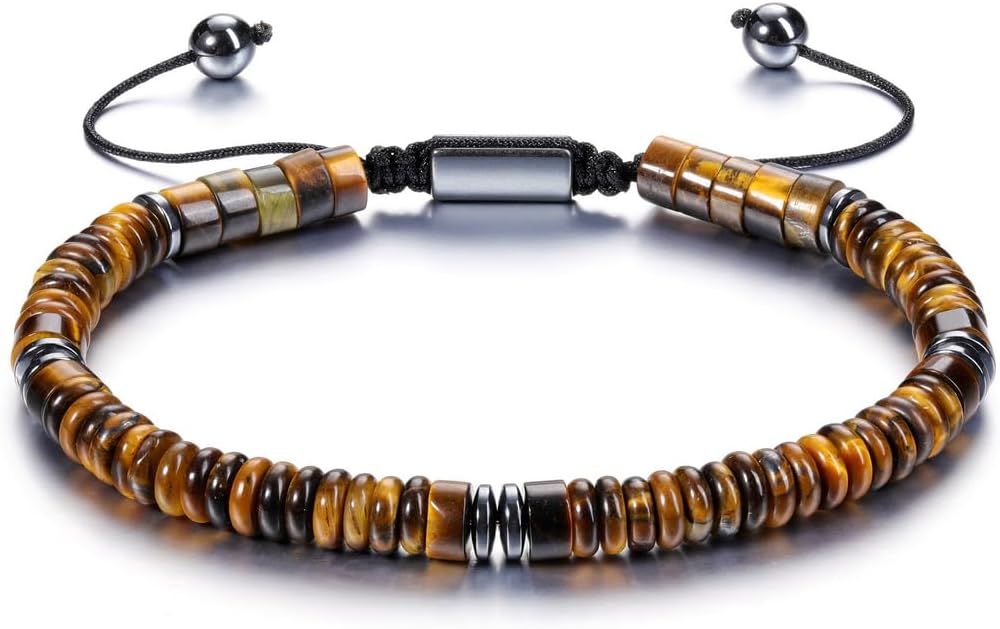 Healing Crystal Bracelet for Men Hematite Black Obsidian Tiger Eye Gemstone Beaded Bracelets Adjustable Protection Crystals Natural Stone Beads Bracelet for Men Women Anxiety Relief