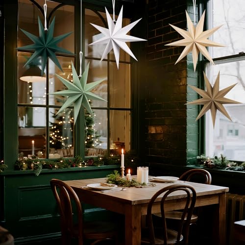 Image of SUNBEAUTY Sage Green 9-Pointed 12 Inch Paper Star Lanterns Christmas Hanging Lamp Paper Decorations Shade Wedding Birthday Christmas Home Party Decorations