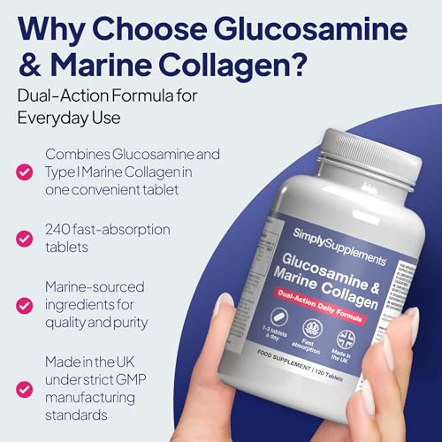 Glucosamine & Marine Collagen | Dual-Action Formula | 240 Fast Absorption Tablets = Up to 8 Months’ Supply | Marine Sourced | Made in The UK in Accordance with GMP Standards