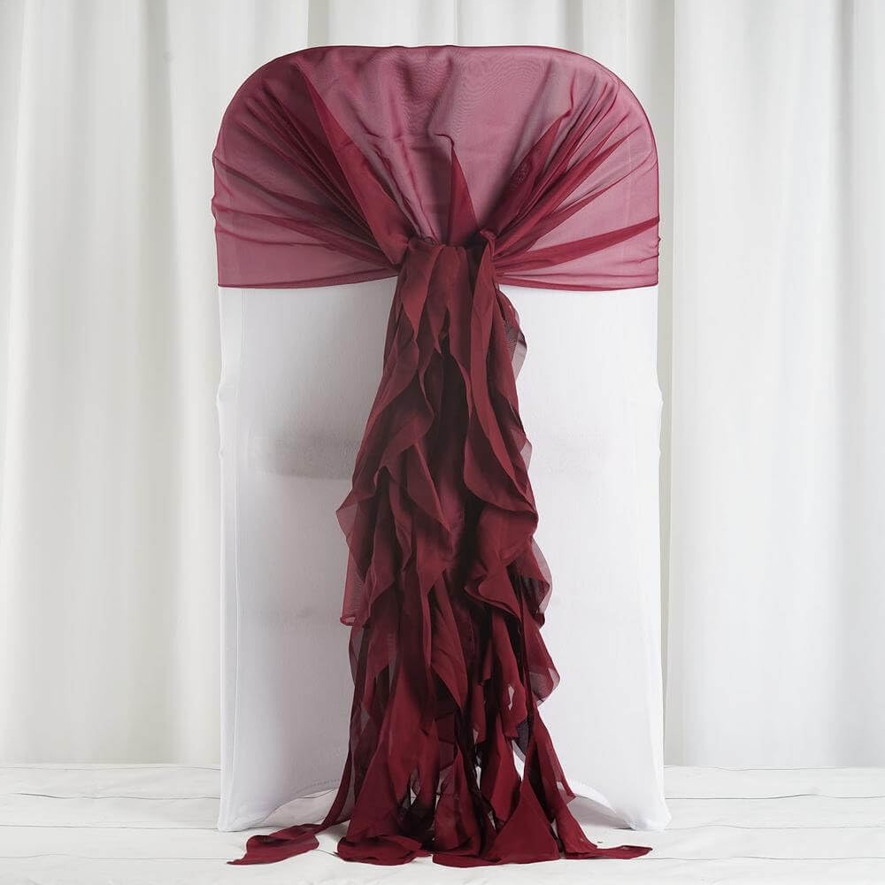 Tableclothsfactory 1 Set Burgundy Premium Designer Curly Willow Chiffon Chair Sashes for Home Wedding Birthday Party Dance Banquet