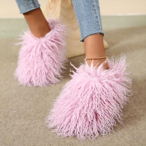 Image of Unisex Fuzzy Faux Fur Slippers, Women's Fluffy Long Hair Sheep Faux Fur Slip on Slides, Girls Luxury Big Fluffy Outdoor Flat Slippers, Long Curly Hair Non-Slip Warm Home Slide Shoes