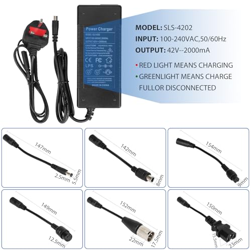 HPGAAVD 42 V 2 A oplader voor elektrische scooter, 36 V universele oplader met 6 aansluitingen voor hoverboard, scooter Xiaomi Ninebot, evenwichtige fiets, driftboard - Afbeelding 5