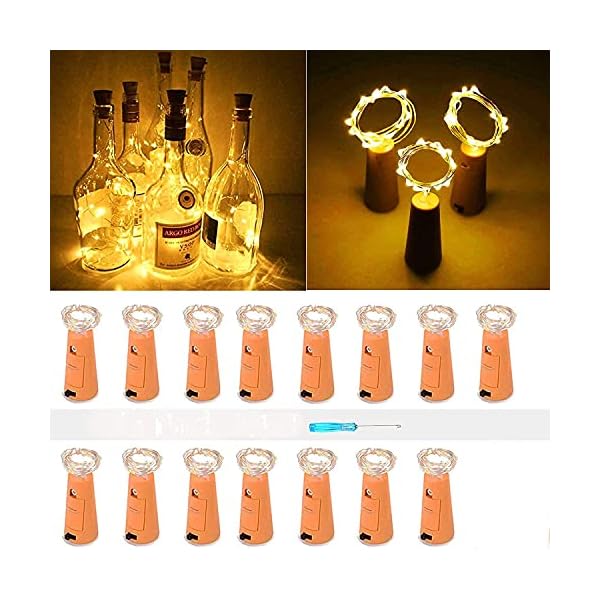 MEI YI [15 Stück Weinflaschen-Lichterkette mit Kork, 20 LED-Lichterkette, batteriebetrieben, Mini Kupferdraht Lichterkette ist 16.5 m, Hochzeiten, Center oder Tischdekorationen 15Pack-Warm White