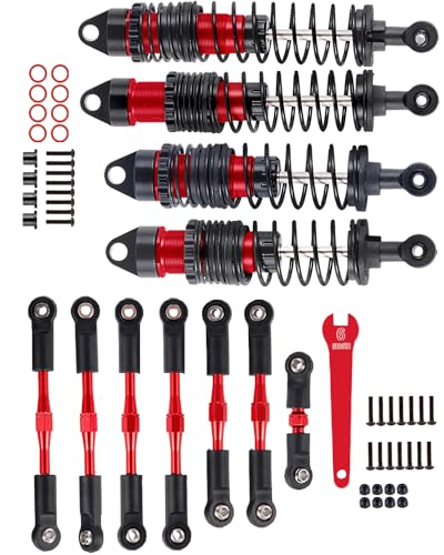 RCHuiWow RC Shocks & Adjustable Turnbuckles Upgrades Part for 1/10 Slash Stampede Rustler Bandit VXL 4X4,Aluminum Front Rear 4PCS Shocks Absorber & 7PCS Turnbuckles Camber Link,Red