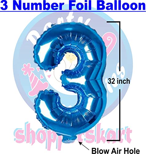 Image of Blue 32 Inches 3 Numbers Shape Large Big Foil Helium Balloons For Party Decorations In Happy Birthday Anniversary Office Items Materials Set Pack, Pack Of 1