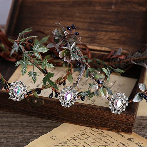 Mostory Woodland Elf Crystal Headpiece For Women Cypress Leaves Crown Headband Dark Vine Branches Hair Wreath Elven Circlet Tiara Cosplay Costume Accessory Halloween Christmas Birthday Prom Party #TOP5