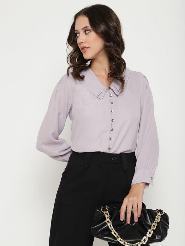 Image of BEATNIK Womens Solid Color Fashion Full Sleeve Peter Pan Collar Woven Spring Summer Casual Loose T Shirts Tops