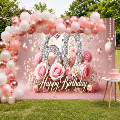 Image of Nuxovilar 60th Birthday Banner - Elegant Pink & Gold Floral Backdrop