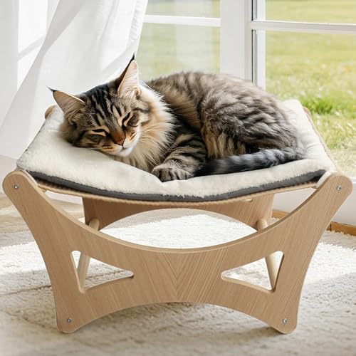 GreenPetopia Cat Hammock Bed Wooden Elevated Cat Beds with Natural Sisal Scratching Mat Cats Scratcher Bed with Removable Soft Cushion Cats Scratching Beds with Wood Frames 22 L x 17.7 W