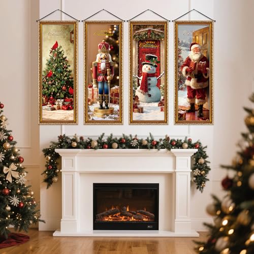 Image of Panelee 4 Pcs Christmas Porch Banners Snowman Santa Nutcracker Xmas Tree Stretching Portraits Wall Decorations Christmas Porch Sign Backdrop for Xmas Indoor Outdoor Wall Hanging Decor