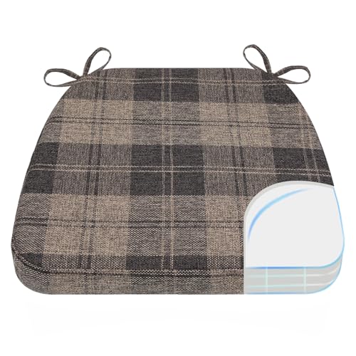 Image of AAAAAcessories D-Shaped Chair Cushions, 2 inch Thick Dining Chair Pads with Ties and Removable, Machine-Washable Cover, 17 inch x 16 inch, Brown Checkered
