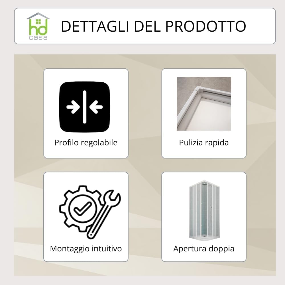 Box Doccia Camelia PVC Bianco Pannelli Acrilico Semitrasparente Effetto Goccia, Ante Scorrevoli Angolari Chiusura Magnetica Reversibili Regolabile Senza Piombo 80x80x185cm Installazione Facile