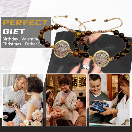 2Pcs San Benito Bracelet Tigher Eye Bracelet Saint Benedict Medal Catholic San Benito Medalla4
