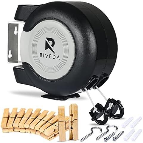 RIVEDA Retractable Double Clothesline with 24 Clothes Pins - Heavy Duty Clothes Line Indoor & Outdoor Laundry Line - (2 x 50 Feet) Dual Clothing line - Easy Installation (Black) Cover