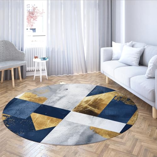Tapis abstrait industriel chic rond 80cm bleu or blanc de salon - 4
