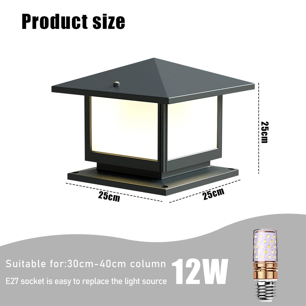 Lampa cokołowa zewnętrzna, 12 W, do użytku na zewnątrz, szare oświetlenie ścieżek ogrodowych z odlewu aluminiowego, tryb 3 kolorów, oprawka E27, maks. 40 W, IP45, lampa ogrodowa na słupki