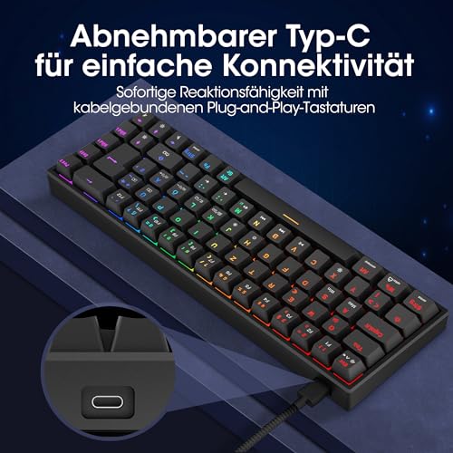 Tastiera meccanica, tastiera da gioco al 60% con 12 tasti multifunzione, cavo USB, rollover completo, layout tedesco QWERTZ per Windows MacOS Linux, interruttore rosso, nero - Tastiera gaming - Immagine 2