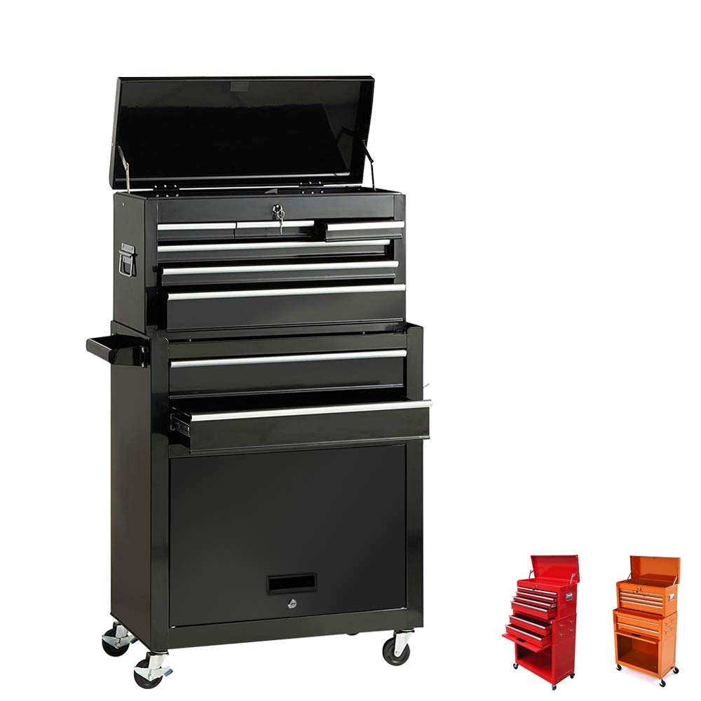 Portable Tool Storage Box 2 in 1 Rolling Tool Chest Removable Tool Storage Cabinet with Sliding Drawers Keyed Locking System Toolbox Organizer,Black