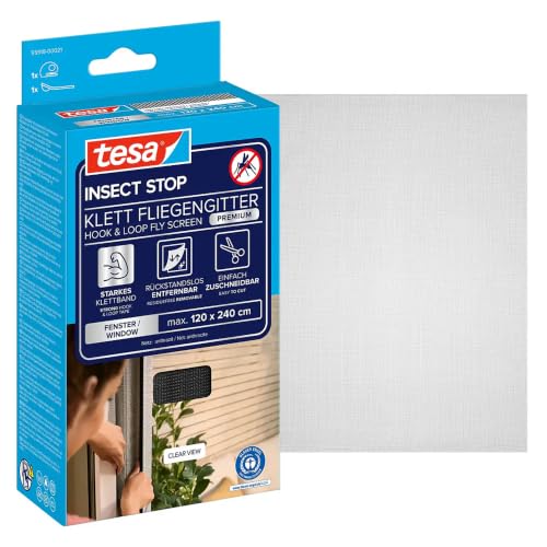 tesa INSECT STOP Klett Fliegengitter Premium für Fenster Insektenschutz mit starkem Klettband rückstandsfrei entfernbar zuschneidbar ohne Bohren - 120 cm x 240 cm - Anthrazit (Durchsichtig)