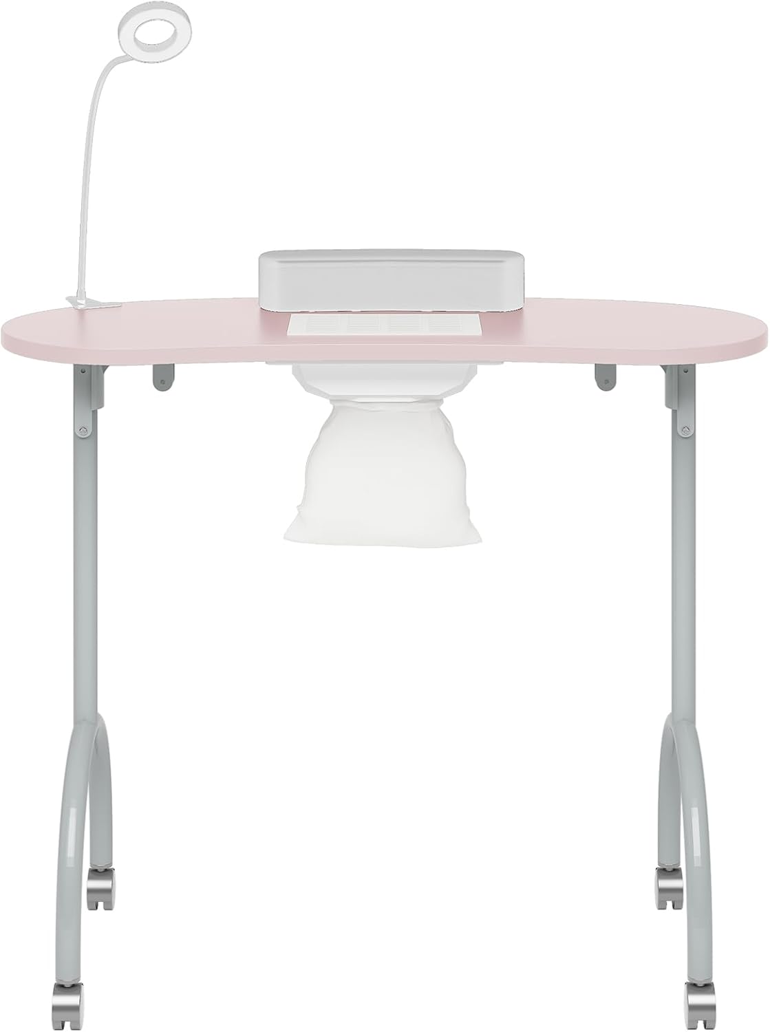TABU Portable Manicure Nail Table, Foldable Manicure Table with Dust Collector Fan, LED Lamp, 4 Lockable Wheels and Carry Bag, Professional Nail Desk with Wrist Cushion (Pink)