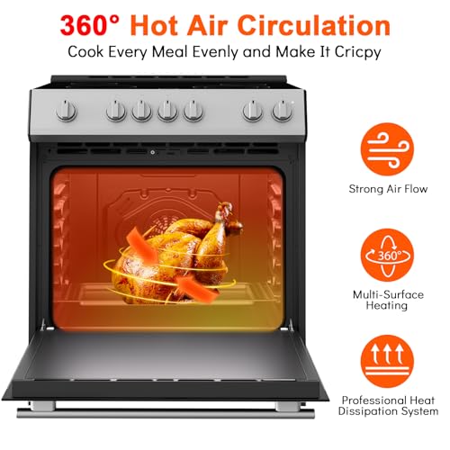 30-Inch Electric Freestanding Range with 5.0 Cu.Ft Convection Oven, 4 Burners - In Stainless Steel, Smooth Glass Top, Timer, High-Efficiency, Easy Reach Rack, Silver