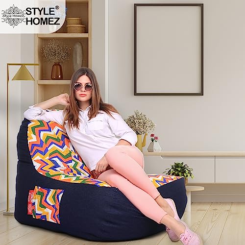 Image of Style Homez Urban Design Denim Canvas Geometric Printed Chair Bean Bag XXL Size Filled with Beans Fillers