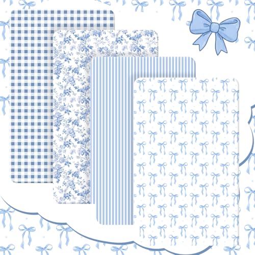 Image of Peryiter 4 Pack Crib Sheets Blue Bow Soft Baby Bed Sheet Set 52'' x 28 inch Nursery Crib Sheets for Standard Bed Toddler Mattress Nursery Decor Boys Girls Kids