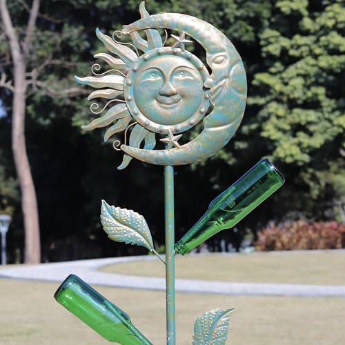 71" H Moon & Sun Face Glass Bottle Tree/Wine Bottle Trees for the Garden Outsides Decorative Bottles Holder for Outside Party andscape Decoration