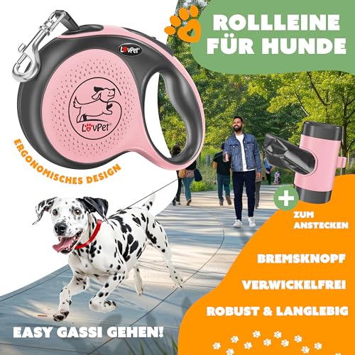 LOVPET® Hunde Rollleine 5m | Hundeleine für kleine & große Hunde 50kg | Ausziehbare Leine ergonomischer & Rutschfester Griff | Joggingleine 360° Leinenverlängerung | Laufleine Reflektierenden Maschen