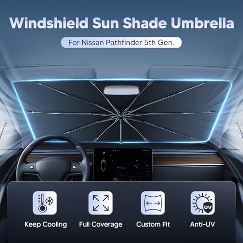 Image of Autorder Windshield Sun Shade Umbrella for 2022-2025 2026 Nissan Pathfinder Accessories,Upgraded Ice Crystal Material,Easy Setup Umbrella Sunshade for Car Windshield,100% Sun Blocking