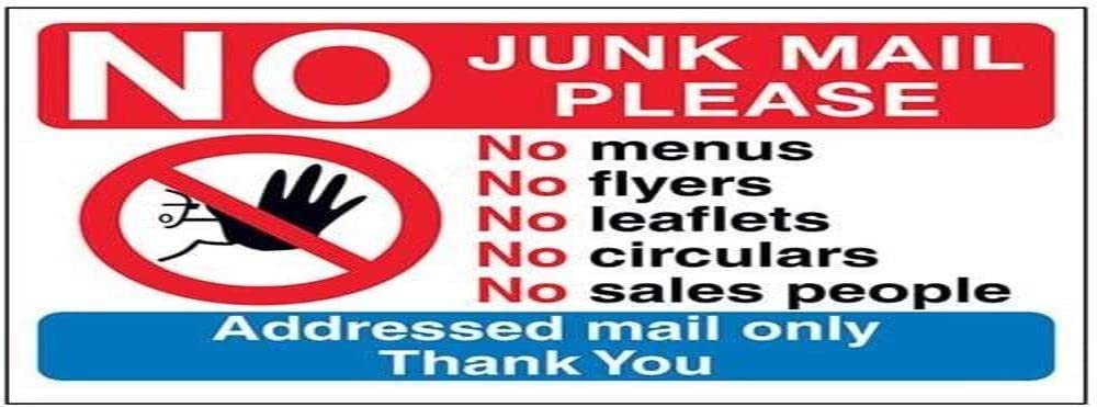 Vsafety Red V Safety No Junk Mail Please, Addressed Mail Only Sign - 200Mm X 150Mm - Self Adhesive Vinyl