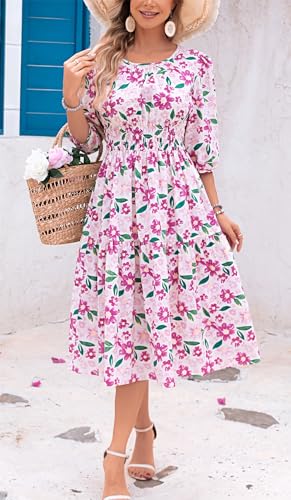 Image of Kormei Women Summer Casual Boho Floral Round Neck 3 /4 Sleeve Smocked Waist Tiered Flowy Swing Midi Dress XL White /Purple