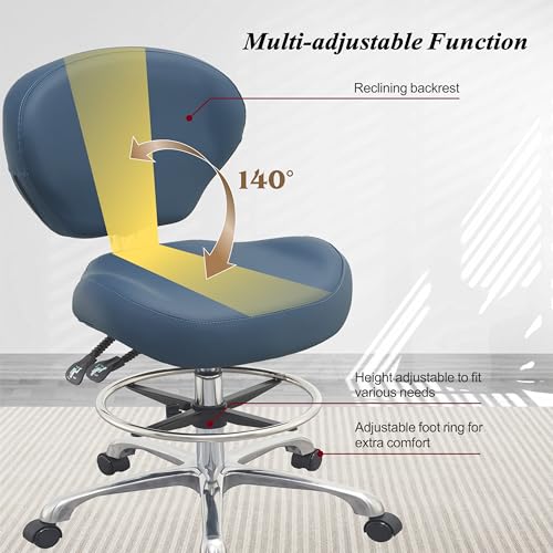 Image of Rolling Drafting Stool Chair with Back Support - Shop Stool with Backrest, Home Office Stool Chair, Height Adjustable Stool with Wheels for Computer, Office, Studio