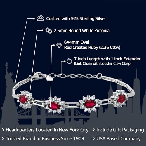 Gem Stone King 2.36 Cttw Red Created Ruby Tennis Bracelet For Women | 925 Sterling Silver | 7 Inch With 1 Inch Extender2