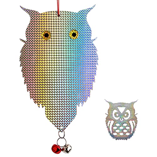 OFFO Owl Decoy to Scare Birds Away Bird Deterrent Device for Woodpecker Pigeon etc. with 1 Pcs Plastic Hanging Outdoors Reflective Scarer and Bird Repellent Sticker Keep Birds Away Home and Garden