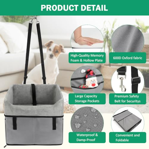 Vivifying Hunde Autositz - Hundesitz Auto Rückbank, Sicherer und Stabiler Autositz Hund mit Gurtbefestigungshaken und Plüschkissen für Hunde bis 11 kg 41x33x36 cm (Grau)
