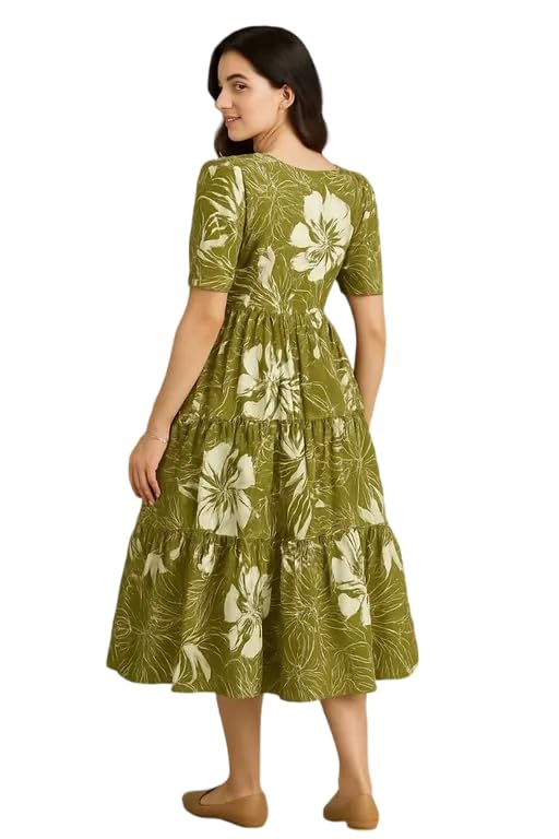 Image of Women's Round Neck Floral Block Printed Elbow Sleeves Front Button Detailing Layered and Tiered Hem Kurti Gown