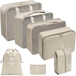 7 Set Packing Cubes for Travel with Shoe Bag & Toiletry Bag - Lightweight Travel Organizers for Suitcase & Carry On, Travel Accessories for Women and Men-(Cream)