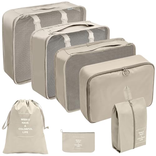 7 Set Packing Cubes for Travel with Shoe Bag & Toiletry Bag - Lightweight Travel Organizers for Suitcase & Carry On, Travel Accessories for Women and Men-(Cream) by Xinpuerda - Used condition - CA$14.48
