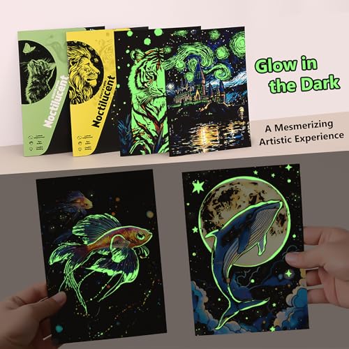 AP ARTSPER 8 Sheet Glow in The Dark Scratch Art Rainbow Painting Paper | Engraving Craft Scratchboard(A5) for Teens & Adults, Sketch Card Creative Toy DIY Projects (Animal) - Image 7