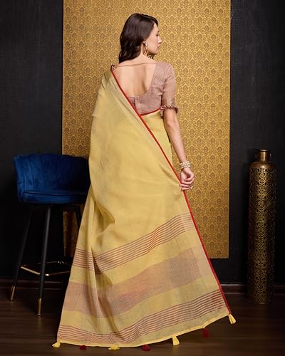 Image of SWORNOF Women's Linen Cotton Silk Saree with Unstitched Blouse Piece | Saree for Women | Saree with Blouse Piece | Soft and Skin Friendly