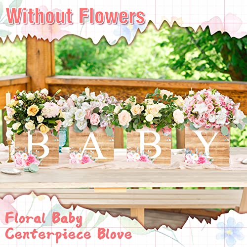 Image of Bucherry 6 Pcs Baby Shower Centerpiece Boxes with 'baby' Letters Flower Boxes Tables Decoration for Girl Baby Shower, Birthday, Gender Reveal Party Favors(Wooden Color,Rustic Floral)