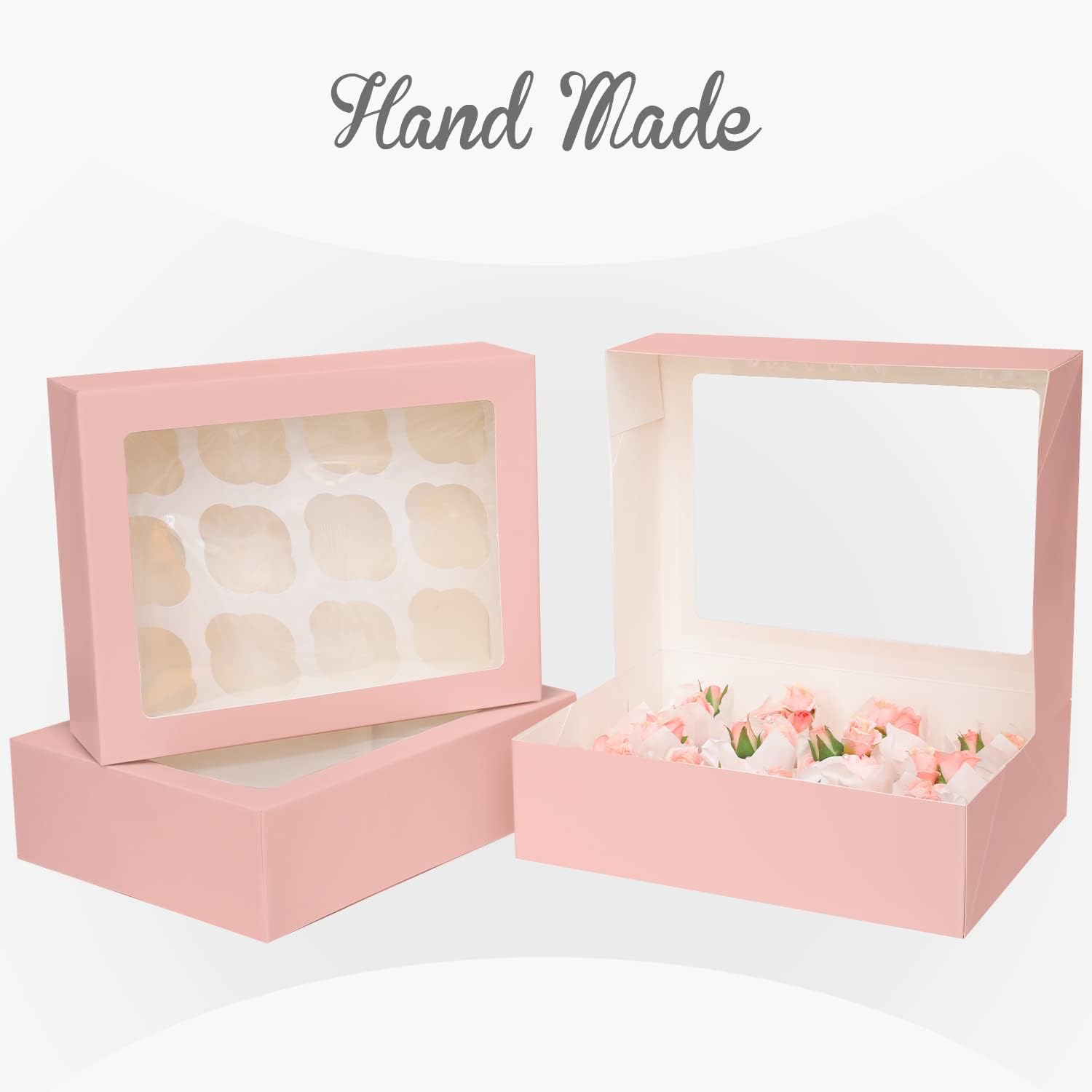 Gcardist Auto-pop Up 12 Cupcake Boxes with Window Pink 6 Packs Cupcake Box 33x25.4x9cm Bakery Boxes for Cupcakes Carrier Cupcake Containers (13x10x3.5 inch) - Image 4