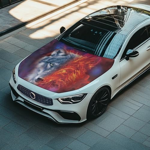 Image of Red Wolf Car Hood Cover Polyester Elastic Fabrics Washable Suitable for Large SUV and Pickup Trucks 39x59in
