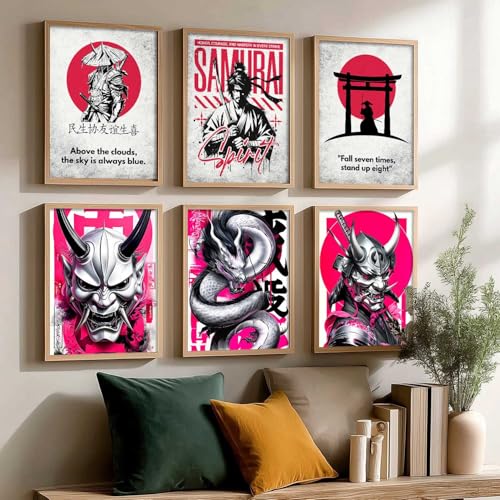 Image of HOTHOUSE Aesthetic Samurai Theme Devil Masks Wall Framed Posters | Japanese Devil Masks Framed Poster for Living Room Bedroom Gaming Room Studio Wall Decor Set Of 6 (13X17 inch)