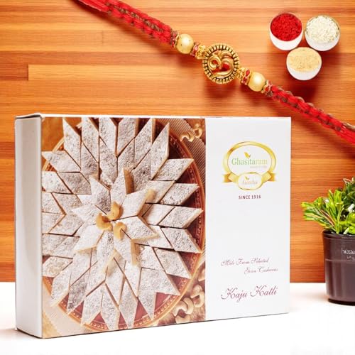 Ghasitaram Gifts Rakhi Gifts for Brother Pure Kaju Katlis Box 200 Gms With OM Rakhi