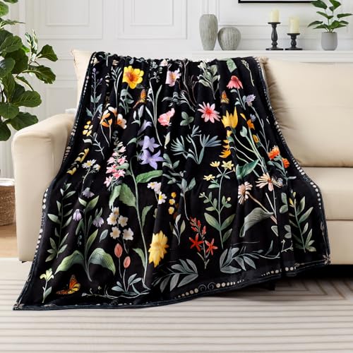 Homithley Spring Flowers Throw Blanket Black...
