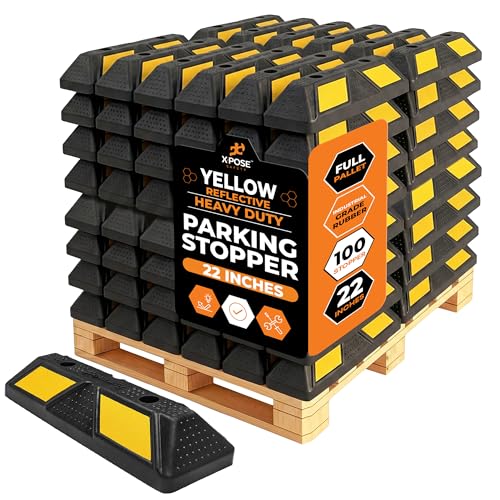Image of Xpose Safety 22 inch Heavy Duty Rubber Parking Stopper (Bulk Full Pallets 100 Pack) - Wheel Stops, Lot Bumpers & Parking Curb for Garage, Driveway or Ramp - Car Bumper Stops with Yellow Reflective Strips